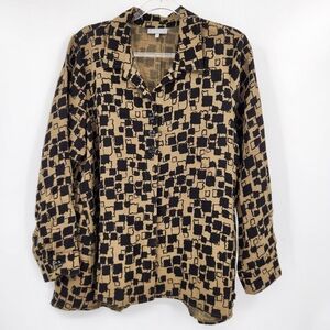 Habitat Long Sleeve Button Front Shirt Womens Size Large Printed Olive Black